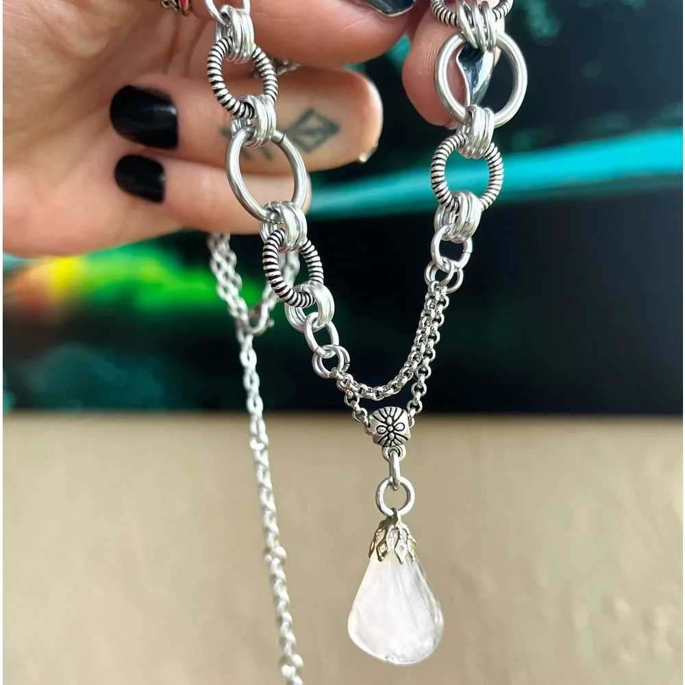 Handmade maille choker necklace with rose pink quartz crystal charm boho silver_7